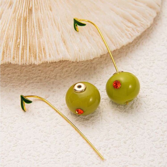 Anthropologie Gold and Green Olive Drop Design Threader Earrings - Picture 10 of 12